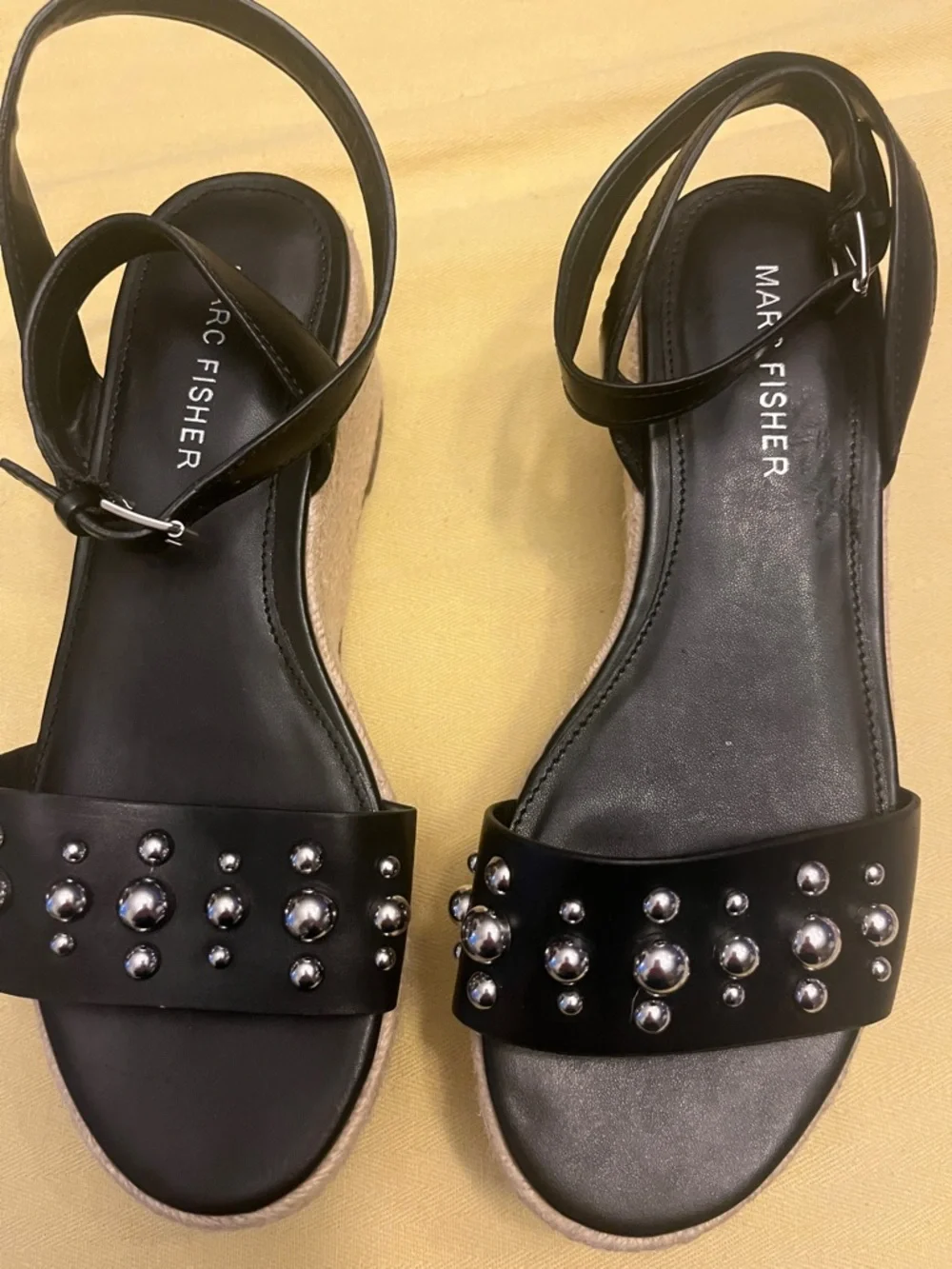 Marc Fisher Black Studded Espadrille Wedge Sandals with Ankle Strap size 6